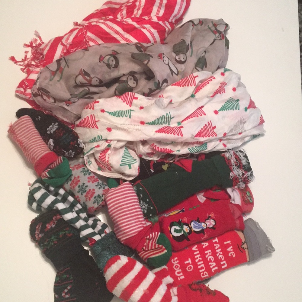 3 Christmas Scarves (1 w/tags) and Christmas socks